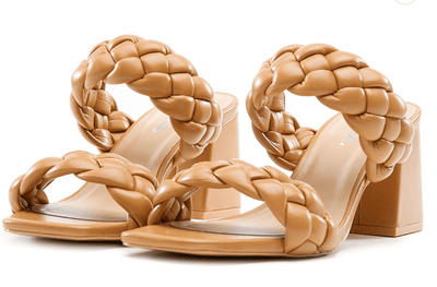 Women's Braided Open Toe Double Strap Stacked Heels Mostly by Soda