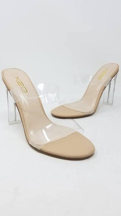 X2B Thalia-5 Sandalias tipo chinelas de tacón alto y grueso transparente para mujer 