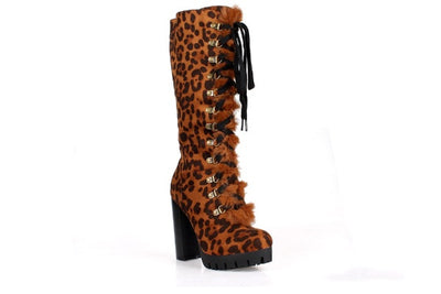 Leopard Lace Up Heel Platform Boots - Vallarta05