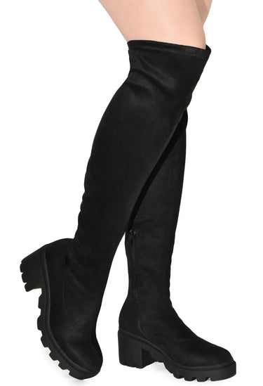 Black Suede Over The Knee Lug Sole Boots