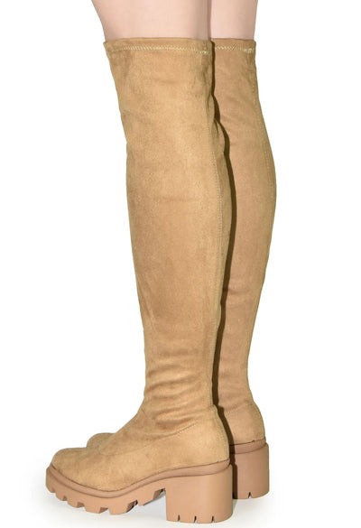 Tan Suede Over The Knee Lug Sole Boots