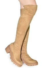 Tan Suede Over The Knee Lug Sole Boots