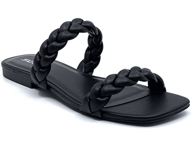 SODA Vault Braided Square Toe Womens Flat Black Sandals