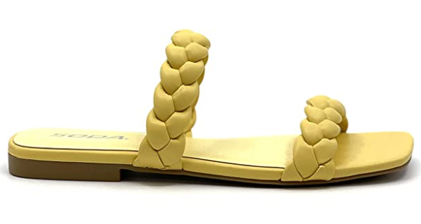 Sandalias planas amarillas para mujer con punta cuadrada trenzada SODA Vault 