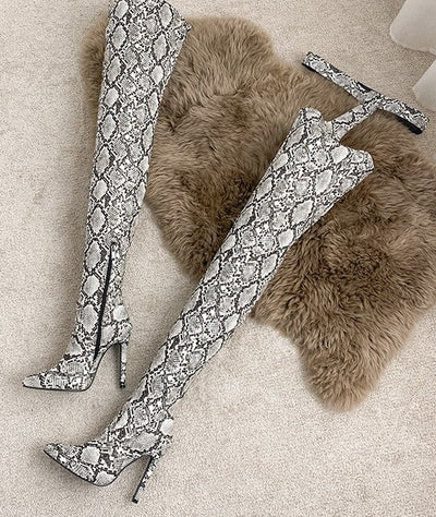 Thigh High Boots White Snake