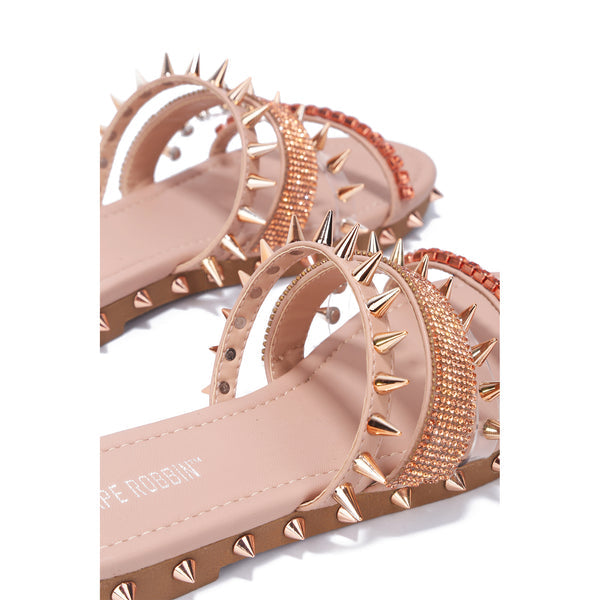 Rose Gold women Flat sandals with rhinestone bars | Shoe Time