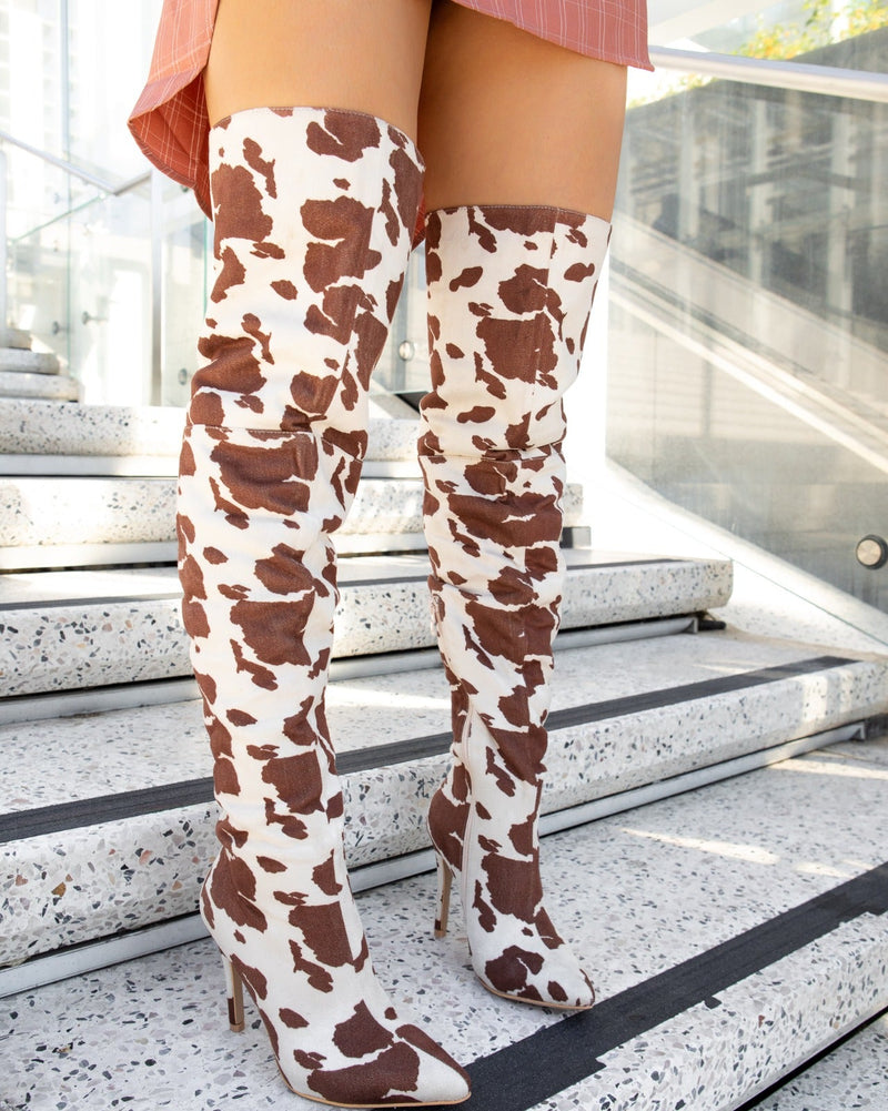 Tan Cow Over the Knee Pointed Toe Stiletto Heel Boots 