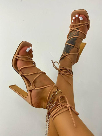 X2B Alaiya-01 Open Toe Lace Up Chunky High Heel Sandals Strappy Sandals