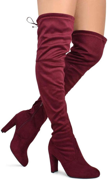 Over the Knee Block Heel Boots Burgandy