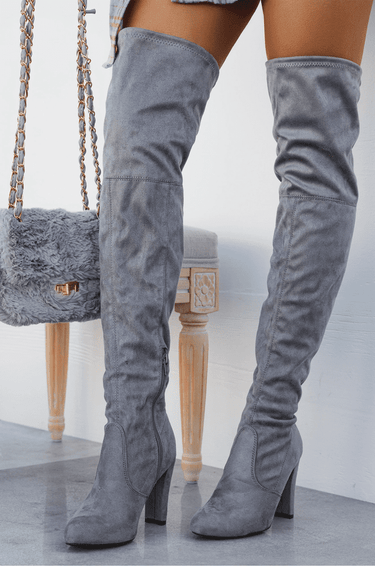 Over the Knee Block Heel Boots Grey