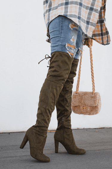 Over the Knee Block Heel Boots Olive