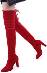 Over the Knee Block Heel Boots Red