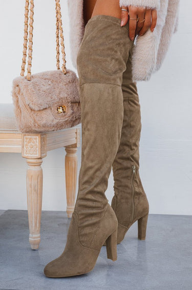 Over the Knee Block Heel Boots Taupe