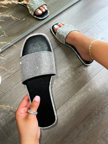 Rhinestone Flats Slides Sandals Shoes Black Amita-3