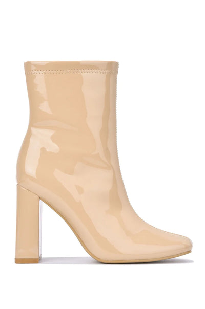 Nude Patent Leather Chunky Heel Booties