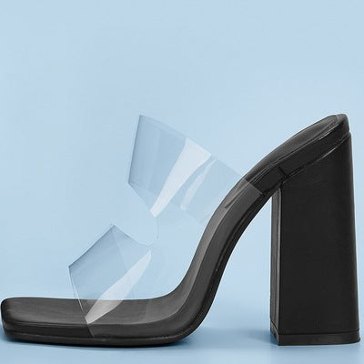 Clear Chunky Block Heeled Mules - Black