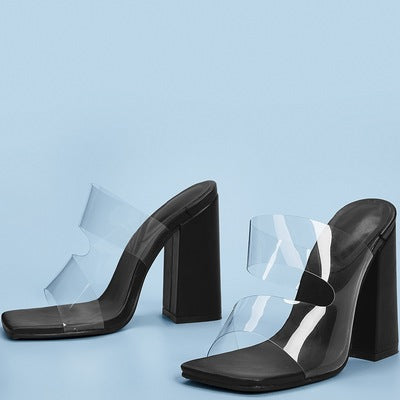 Clear Chunky Block Heeled Mules - Black