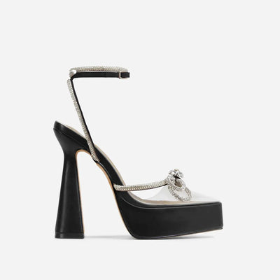 Black Platform Pointed Toe Diamante Bow Heels - Candy Love | Shoe Time
