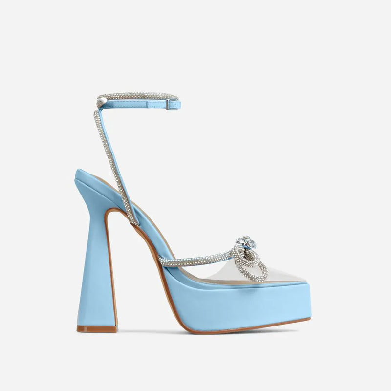 Blue Black Platform Pointed Toe Diamante Bow Heels - Candy Love | Shoe Time