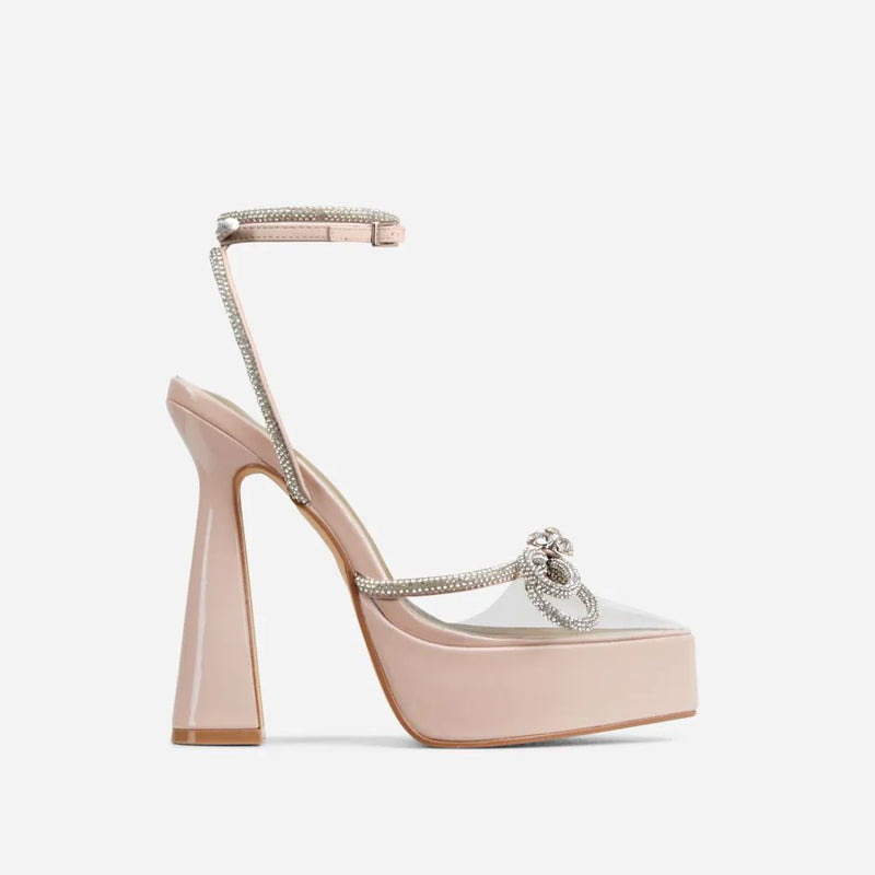 Nude Platform Pointed Toe Diamante Bow Heels - Candy Love | Shoe Time