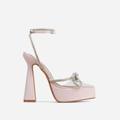 Pink Platform Pointed Toe Diamante Bow Heels - Candy Love | Shoe Time