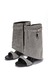 silver Rhinestone Padlock Detail Wedge Boot Dewy