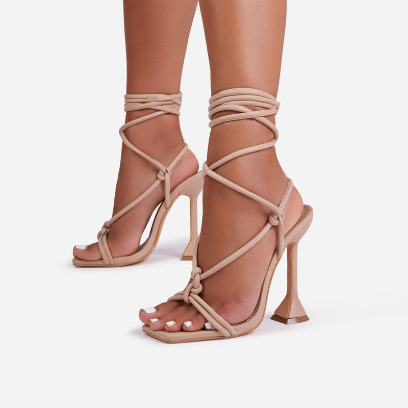 Nude Lace Up Square Toe Sculptured Heel