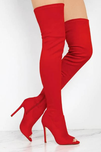 Red Faux Suede Thigh High Peep Toe Heeled Boots