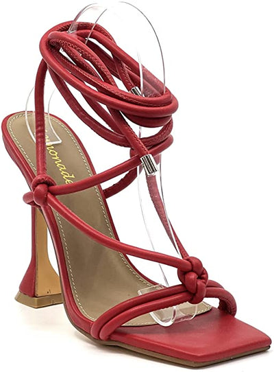 red Lace Up Square Toe Sculptured Heel