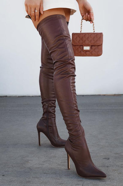 Patent Knee High Boots Brown Pu