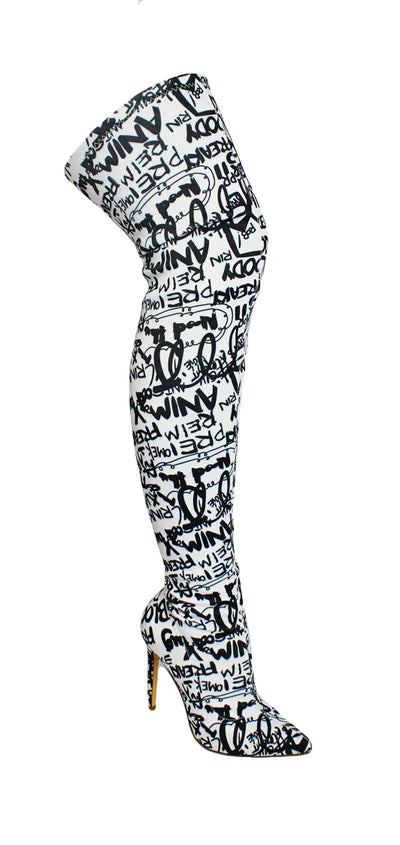 black and white thigh high boots