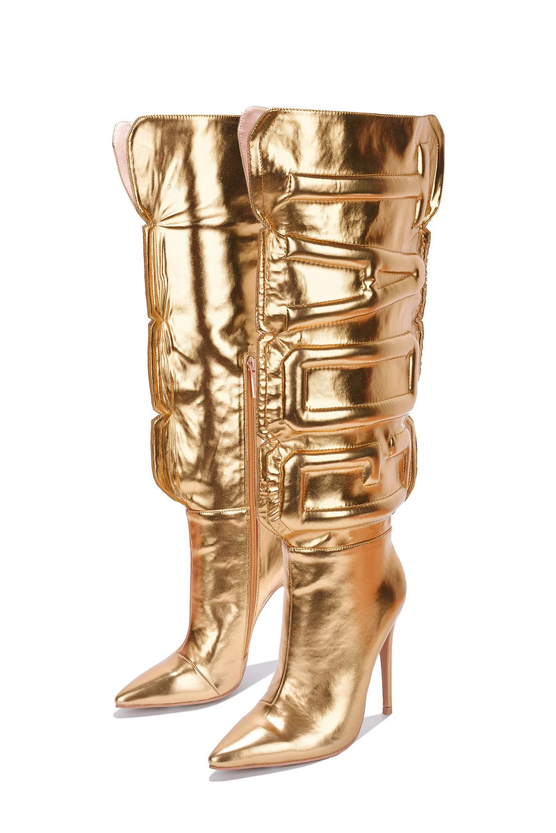 Gold Knee High Metallic Puffed Boots GOAT | Shoe Time
