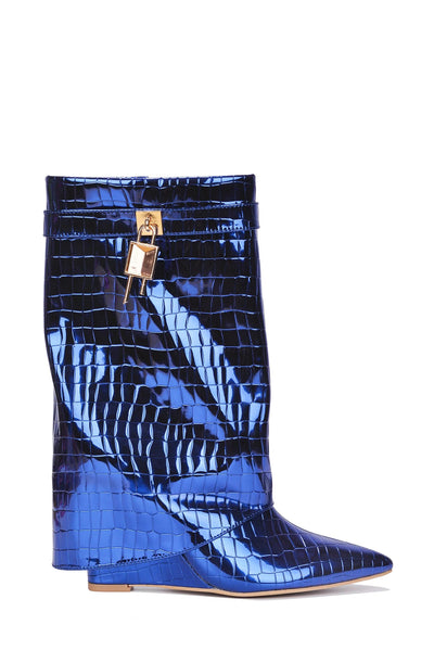 Blue Metallic Fold Over Wedge Boots Hadyn Cape Robbin | Shoe Time