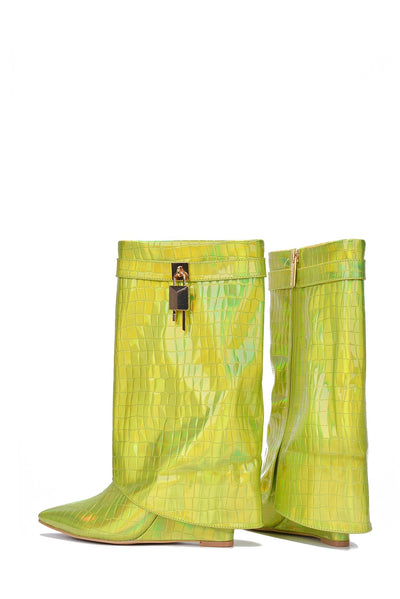 Lime Metallic Fold Over Wedge Boots Hadyn Cape Robbin | Shoe Time