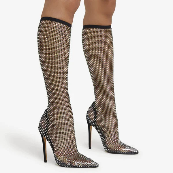 Diamante Detail Pointed Toe Stiletto Heel Knee High Long Sock Boot Fishnet Heather by Lemonade