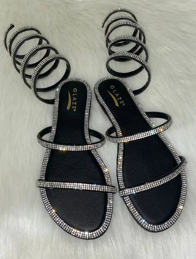 Black  Women's Sandals Rhinestone Lace Up Special Detail | Shoe Time