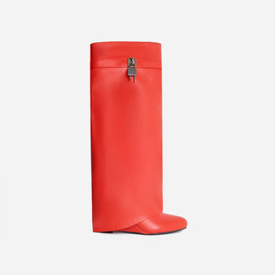 Red Padlock Detail Wedge Heel Knee High Long Boot Leather