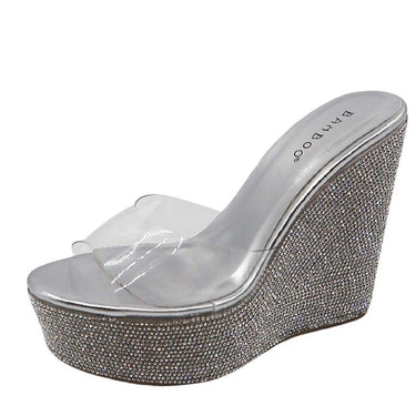 Rhinestone Wedge Sandals - Silver