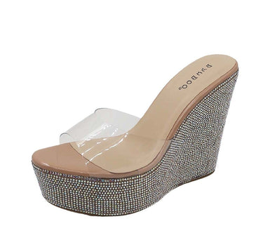 Rhinestone Wedge Sandals - Nude