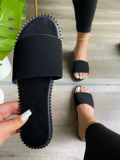 Women Hardware Slipper Flat Sandals Slip On Slide Open Toe Sandals