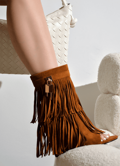 Brown Fold Over Wedge Fringe Detail Booties Cerritos Cape Robbin