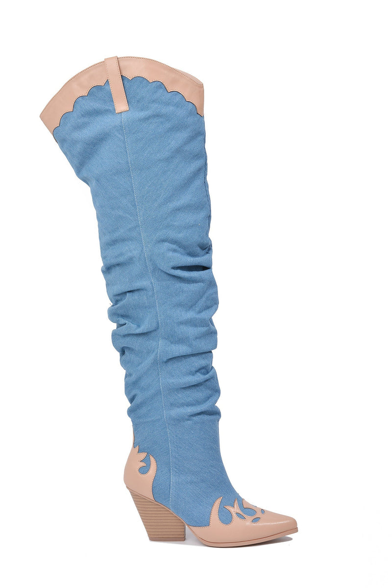 Denim Cape Robbin Jeans Western Low Block Heel Boots