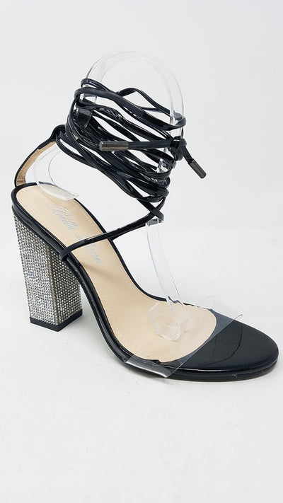 Black Ankle Strap Clear Lace up Chunky High Heel Sandals | Shoe Time