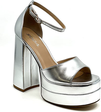Soda Shoes Metallic Chunky Platform High Heels Silver