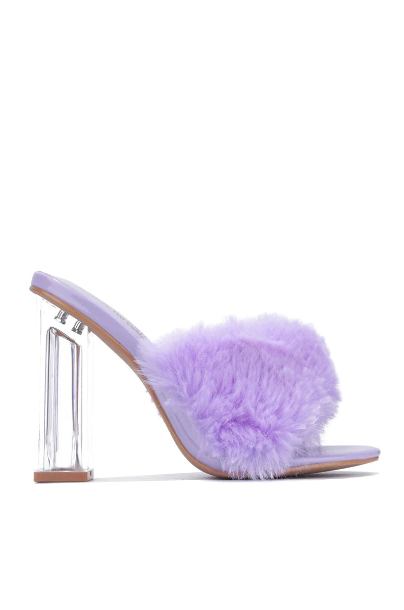 Lilac Faux Fur Heeled Sandals Kurberry by Cape Robbin