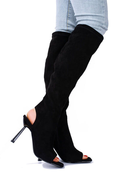 Peep Toe Knee Stiletto Heel Boots Black | Shoe Time
