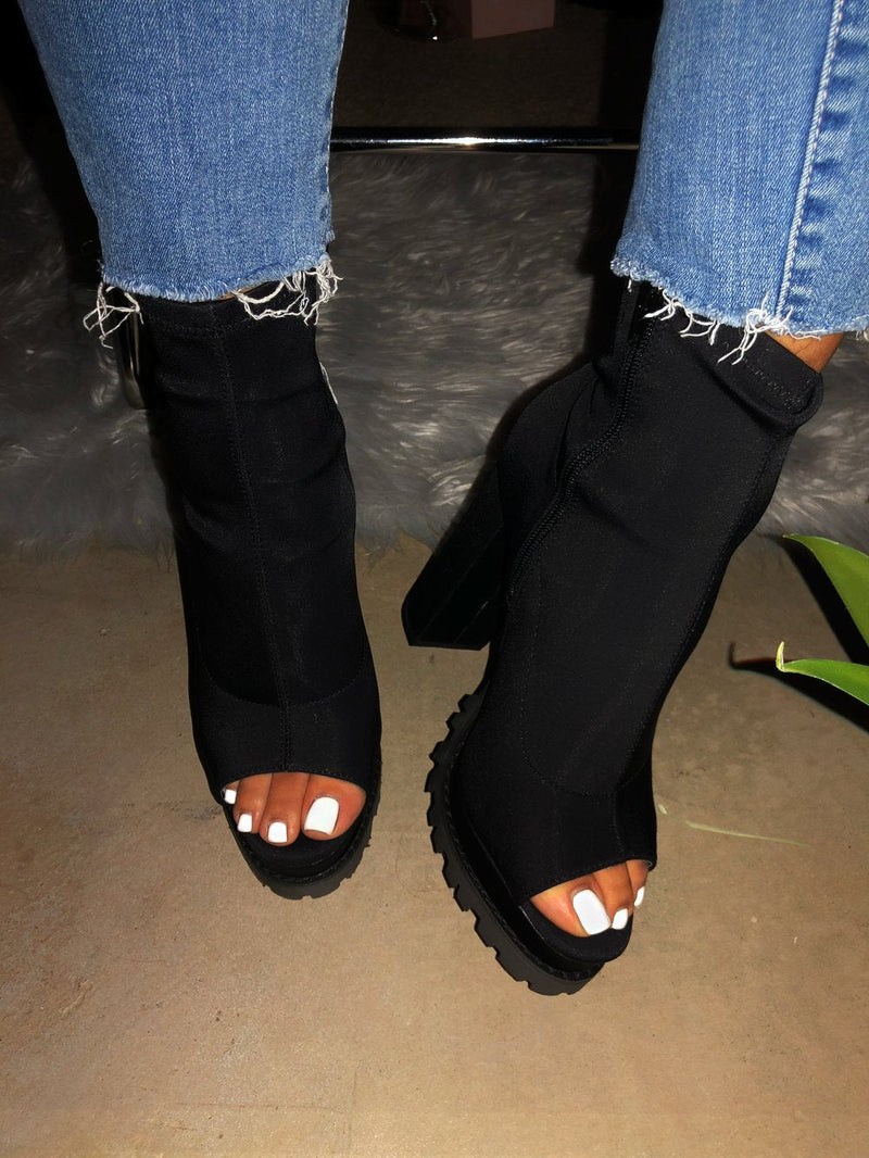Black Peep Toe Chunky Heel Booties 