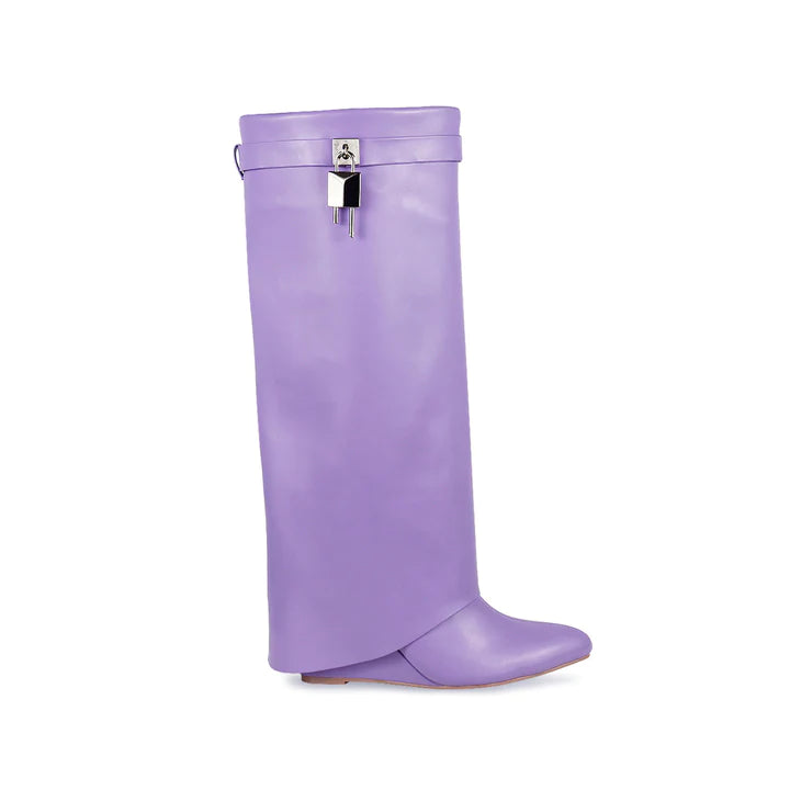 Purple Liliana Mutto-1 Padlock Detail Wedge Knee High Boots