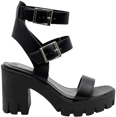 SODA Novas Women Open Toe Lug sole Block heel Sandals with Adjustable Ankle Strap