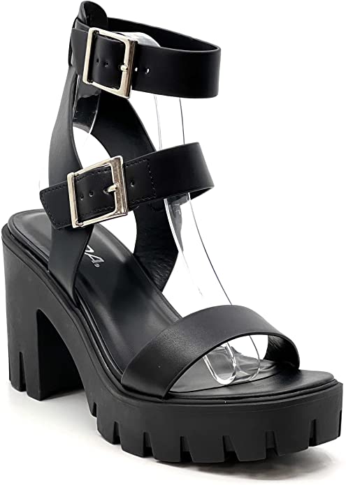 SODA Novas Women Open Toe Lug sole Block heel Sandals with Adjustable ...